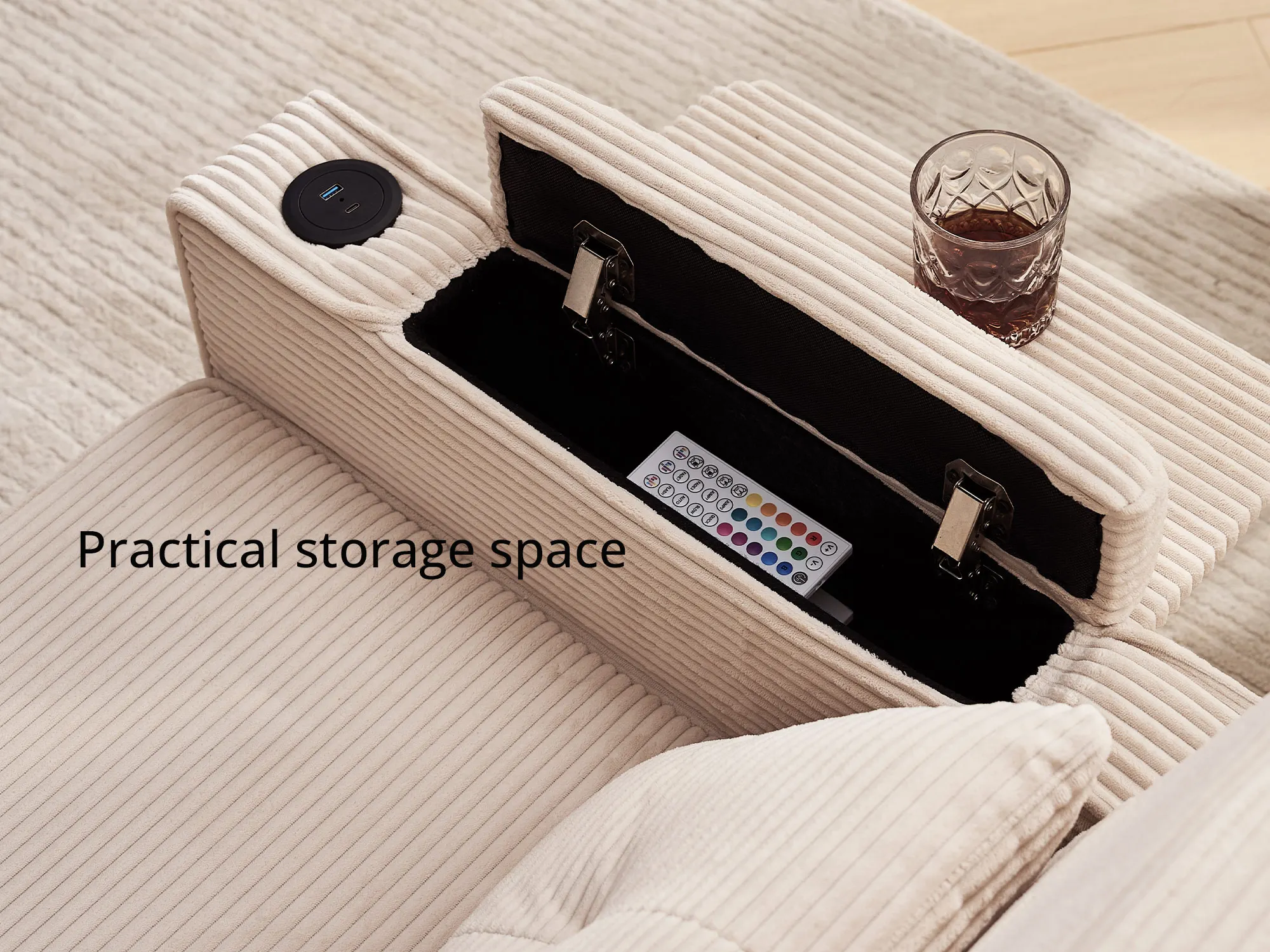 Einzelsofa, 3-in-1-Liegesofa, ausziehbarer Cord-Sessel mit USB-Anschlüssen, 3-fach verstellbare Rückenlehne (105 cm) ° -160 ° Aufbewahrung – Detail 5
