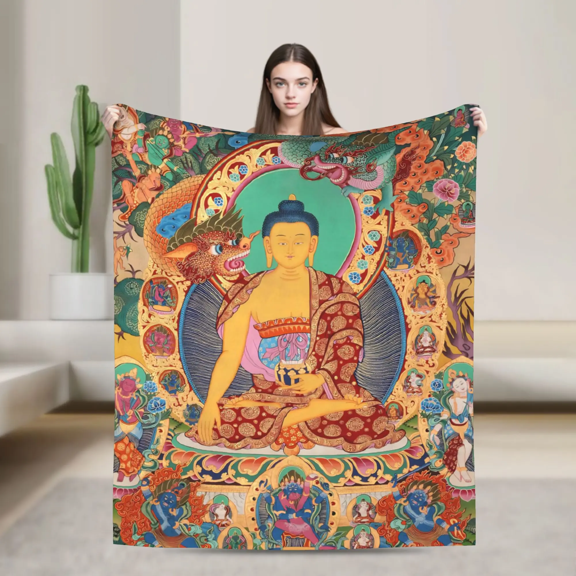 Buddha Tibetans Thangka Peaceful Plush Blankets 2000s Emo Gothic Throw Blankets for Bedding Lounge 125*100cm Plush Thin Quilt