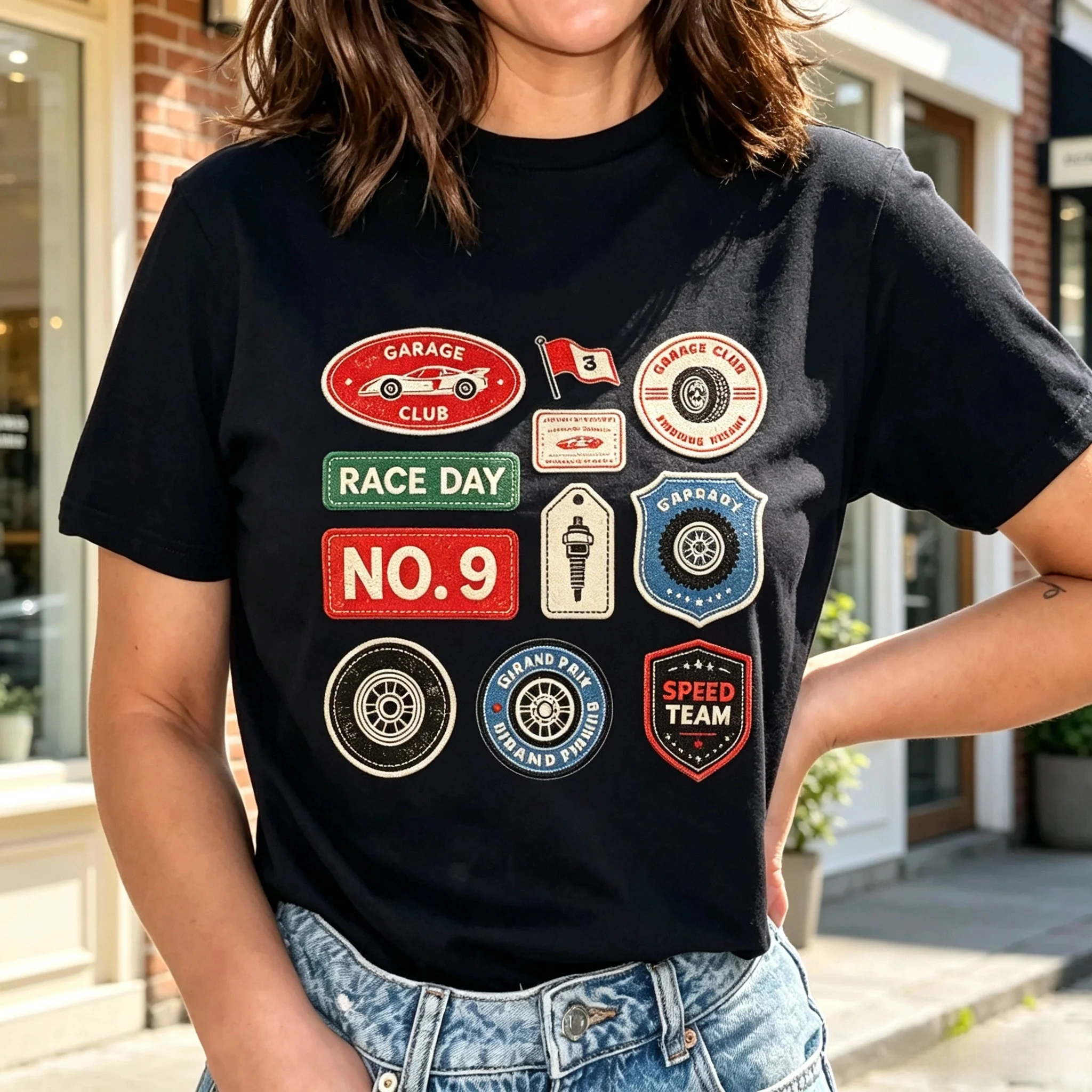 Women's Vintage Garage Race Patchwork Badge Graphic T‑Shirt, Retro Motorsport Car Tire Race Day Sticker Art Print Casual Top