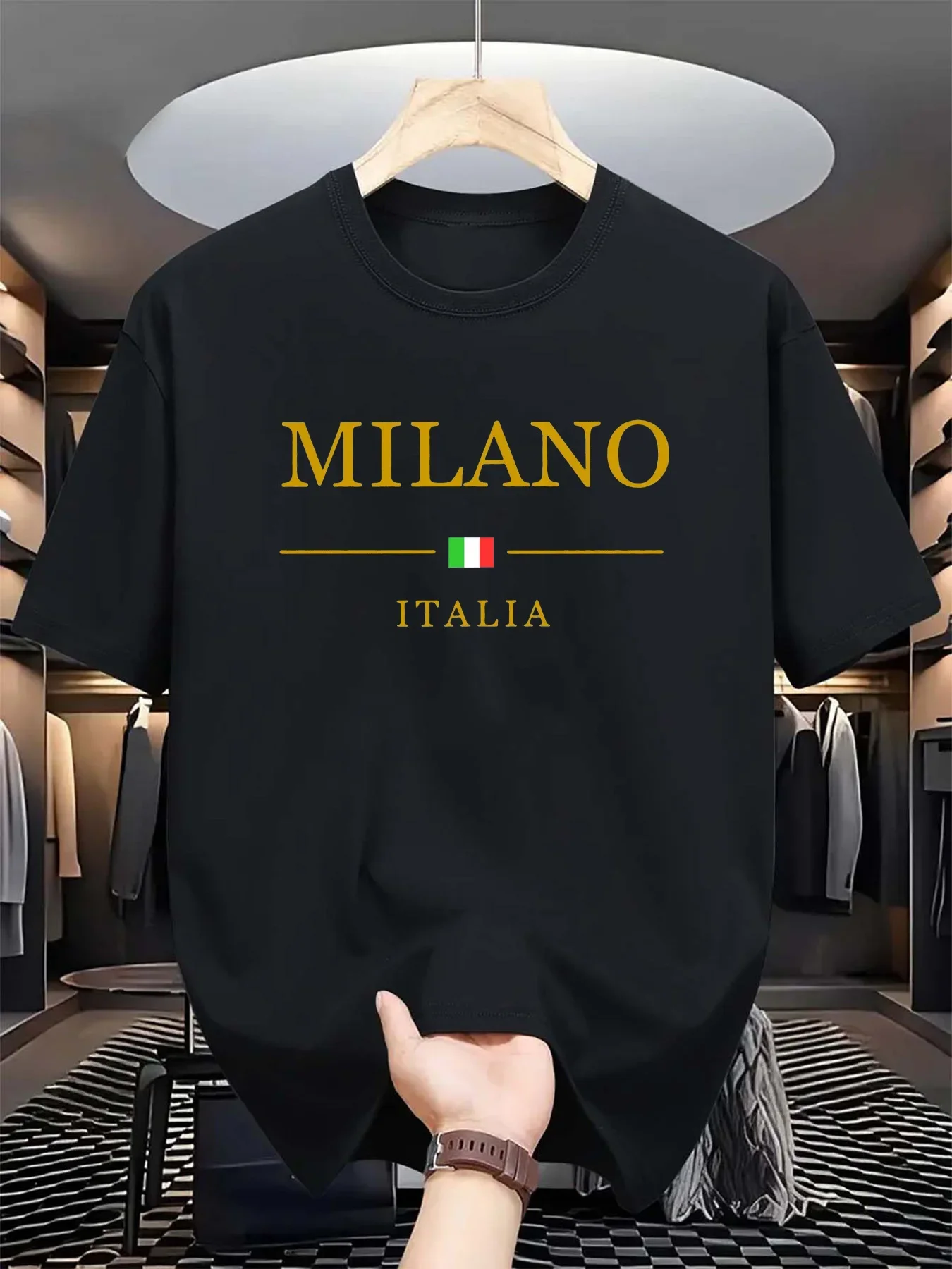 Camiseta holgada informal de moda de verano para hombre, camiseta de manga corta con cuello redondo y estampado de patrón MILANO ITALIA de talla grande