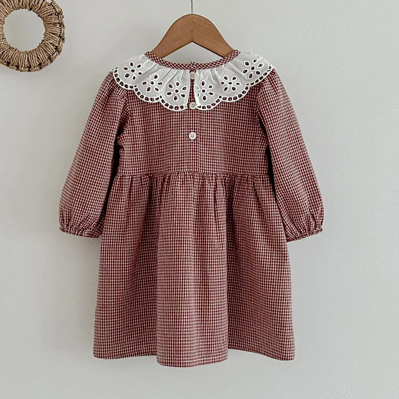 Spring Kids Baby Girls Long Sleeve Sweet Lace Collar Grid Princess Dress New Autumn Kids Baby Girls Dress Children Clothes Dress