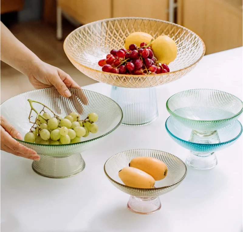 Transparent Glass Fruit Plate, Round Shape, Tall Feet Glass Bowl, Salad Bowl, Snack Tray, Dessert Plate, Decorative Plat