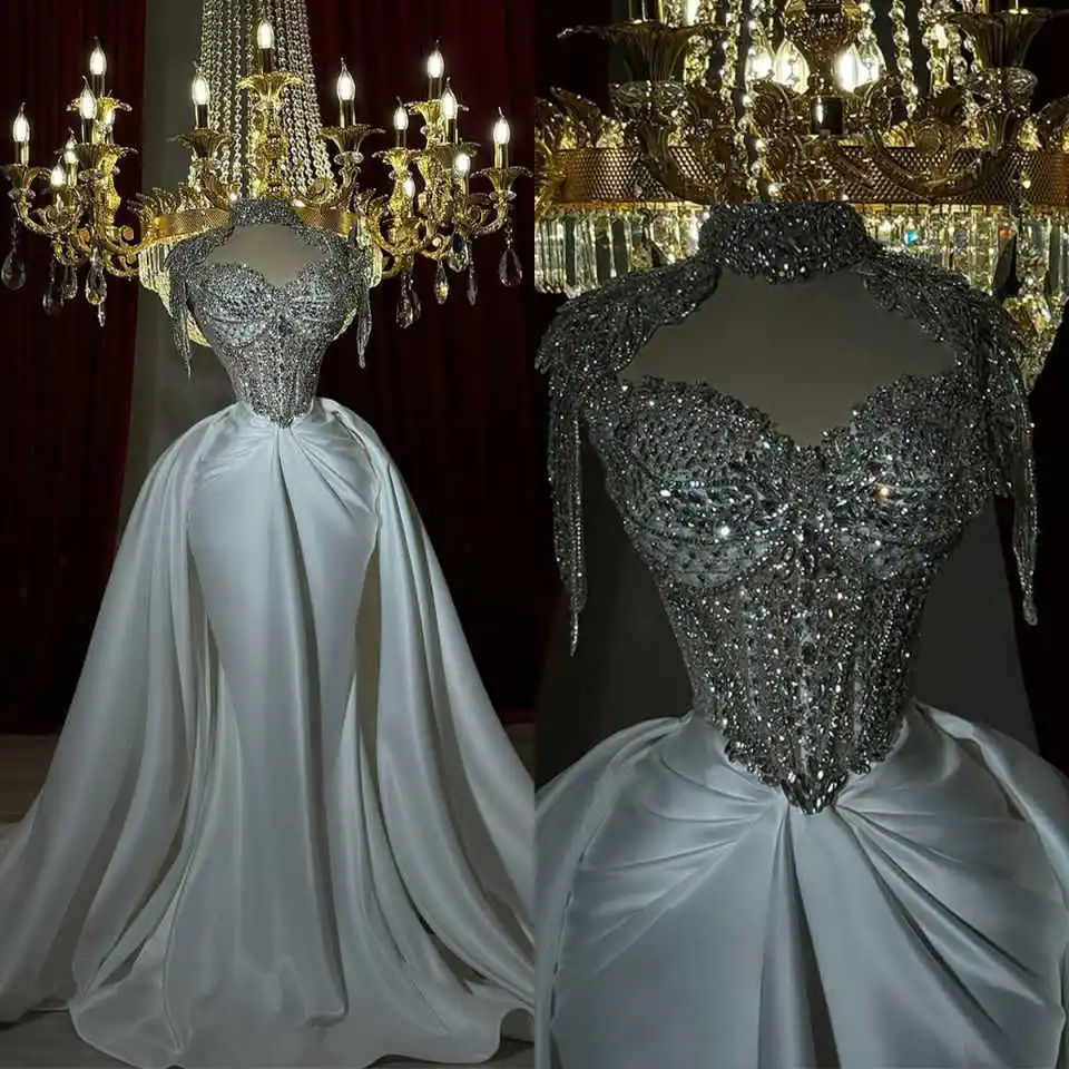 Arabisch Meerjungfrau Brautkleider Große Kristall Perlen High Neck Kurzarm Satin Brautkleider Kleid Angepasst Falten Vestio De