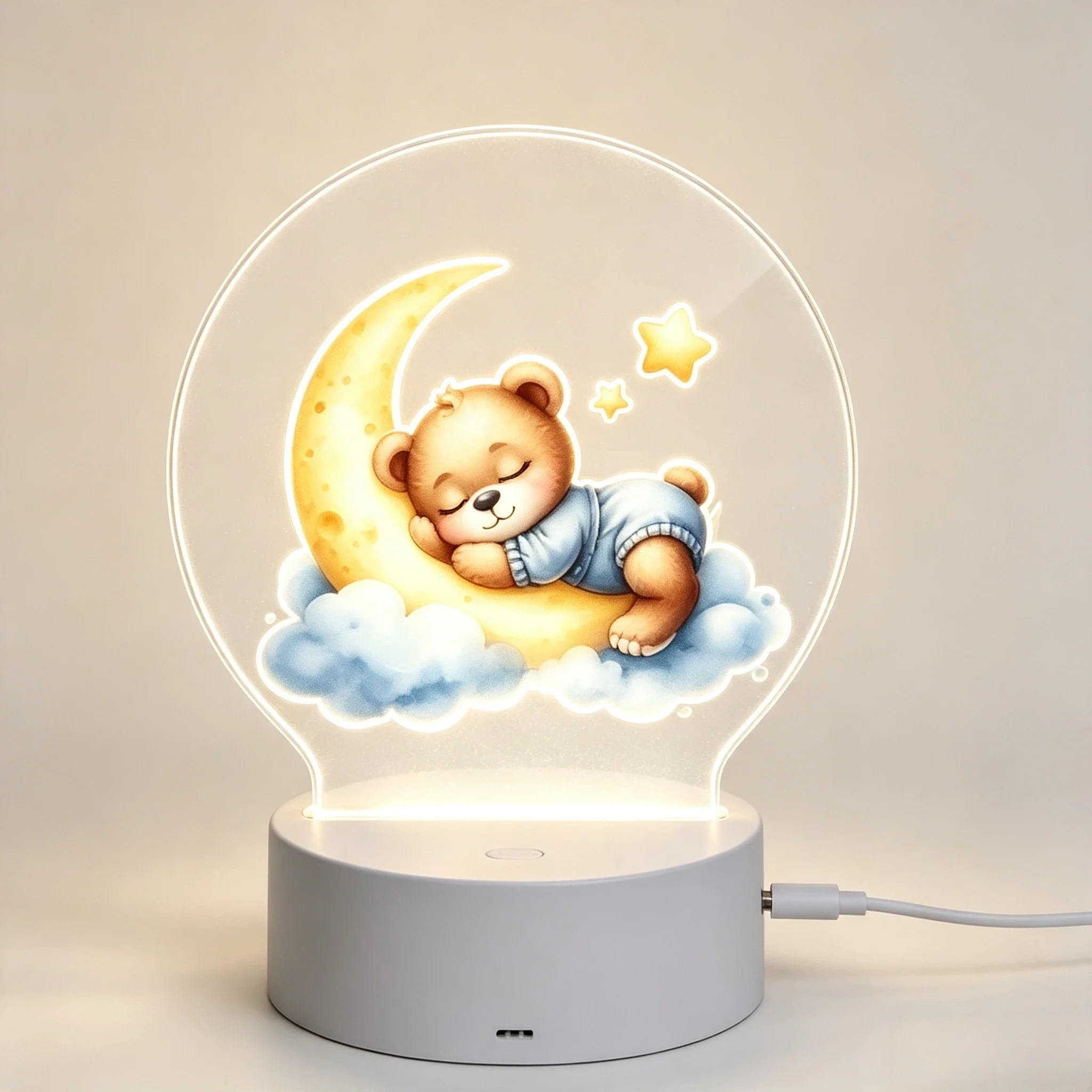 Sleeping Bear On Crescent Moon Acrylic LED Kids Night Light