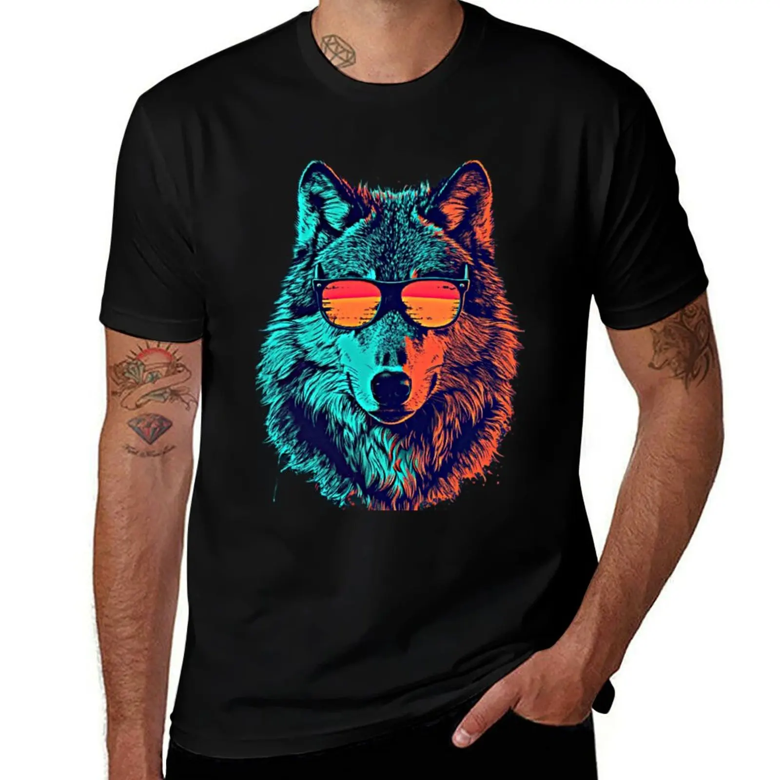 Wolf Vintage Wolf with Sunglasses T-Shirt Large Size Soft Cotton T-Shirt