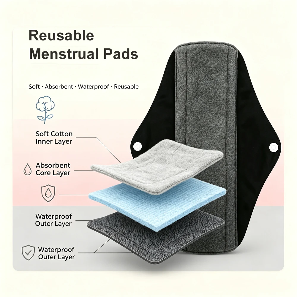 3/5/10pcs Reusable Menstrual Pads Soft Bamboo Cotton Sanitary Towels Washable Menstrual Period Panty Liner for Menstrual Care