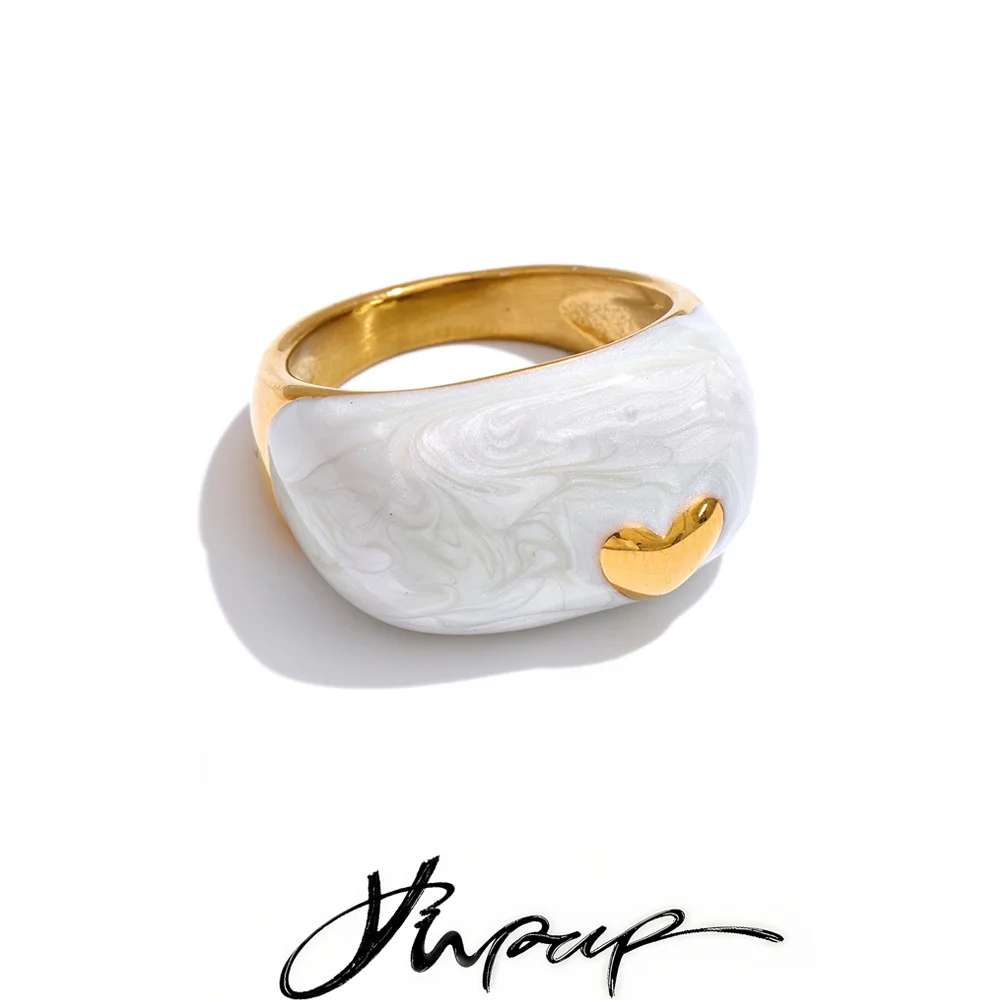 Yhpup Size 6789 New Arrivals White Enamel Heart Casting Ring Waterproof 18K Gold Color PVD Plated Stylish Chic Jewelry