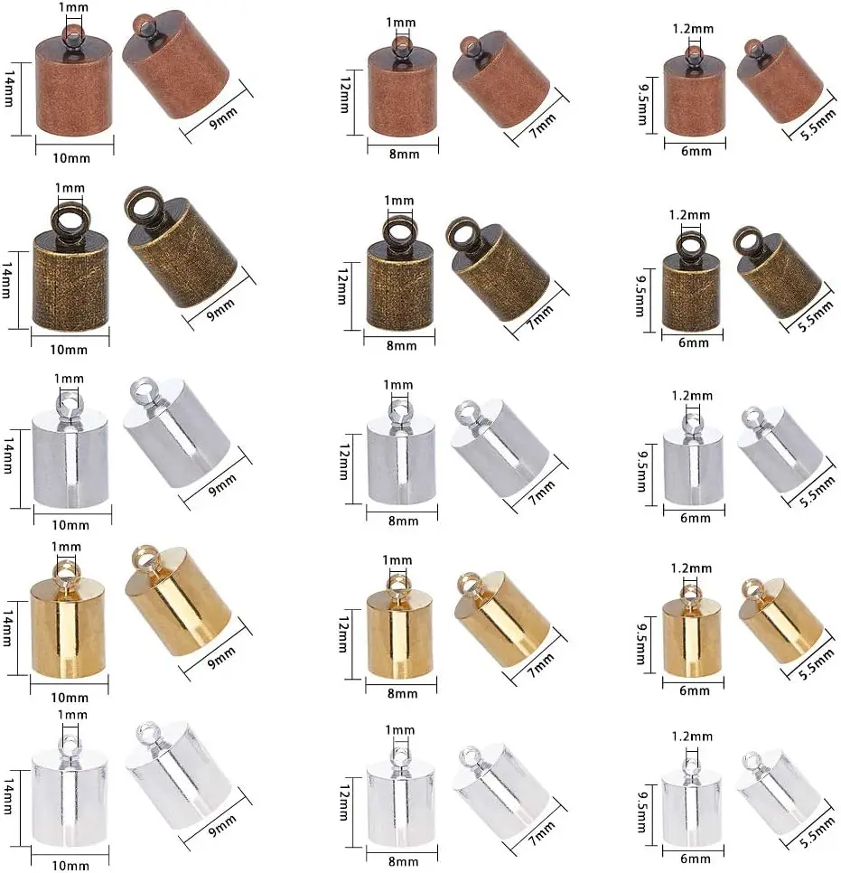 150pcs 5Color 3Sizes Brass Leather Cord Ends Tassel Cap Cord Link Buckle for Kumihimo Barrel and Jewelry Making 6mm 8mm 10mm