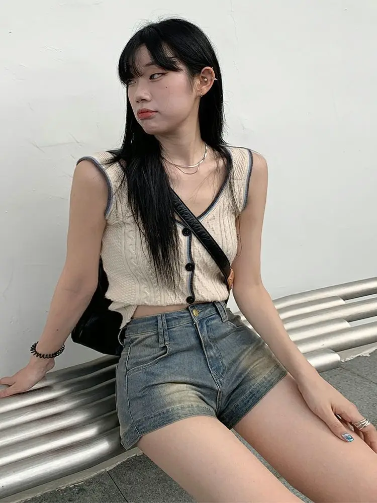 HOUZHOU Vintage Mini Denim Shorts Y2k Women High Waist Short Jeans Korean Streetwear Female Gyaru Fashion Skinny Summer Retro