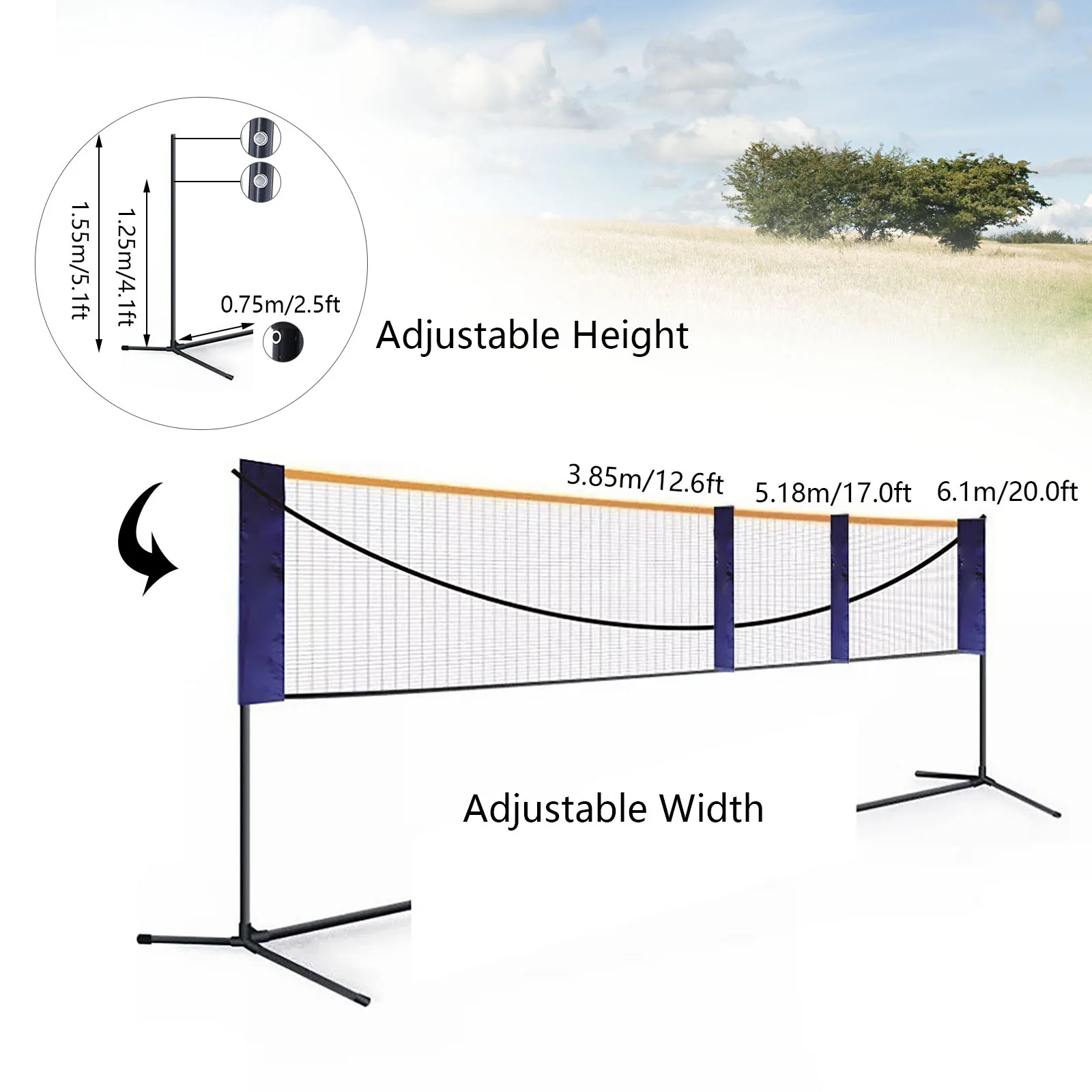 20FT Standard Badminton Volleyball Net Portable Height Adjustable Tennis Net with Stand