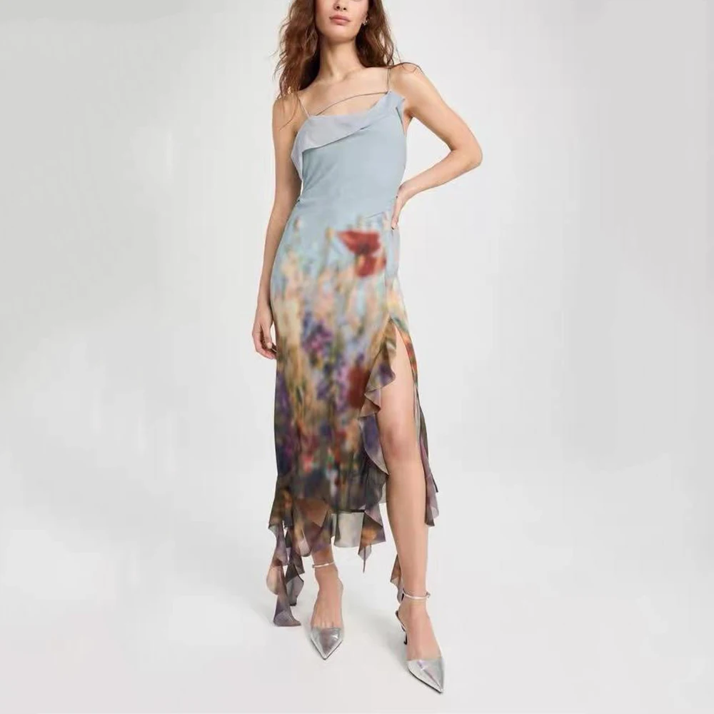 

Women's Printed Asymmetric Splicing Dress, Slim Peplum Halter, Long Dresses, Elegant, Y2K Fashion, Spring and Summer, New, 2024