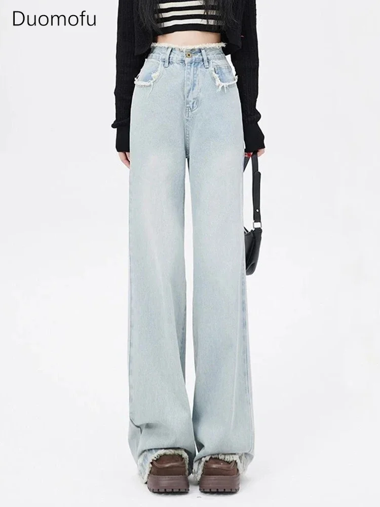 

Duomofu Light Blue High Waist Slim Chic Washed Female Jeans Summer New Fashion Full Length Loose Straight Pure Color Women Jeans