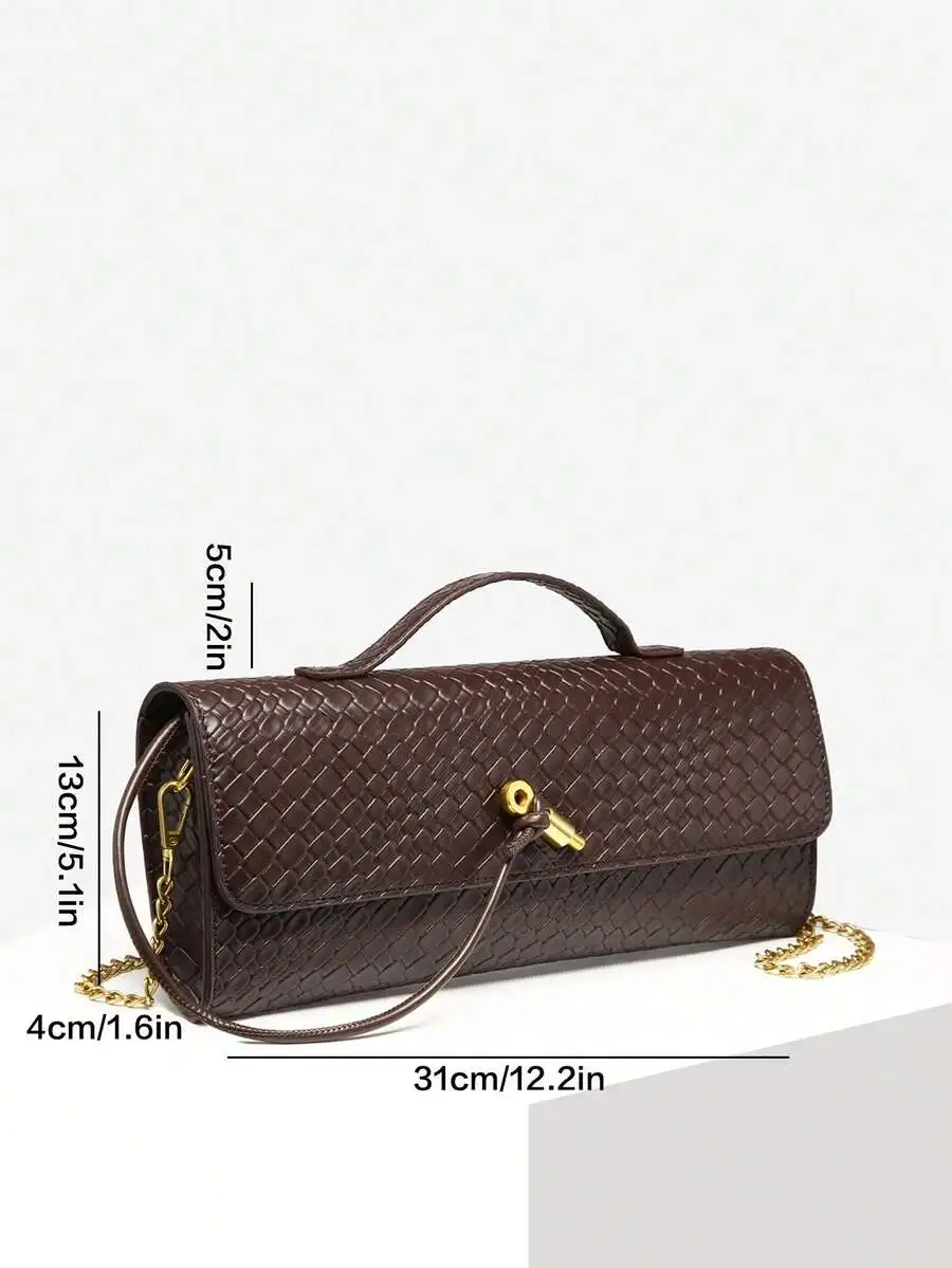 

Women Vintage Minimalist Woven Faux Leather Flap Lock Clutch Handbag For Party Daily Use