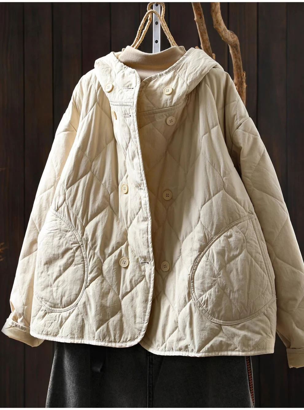 Buste 124 cm puur katoenen gewatteerde jas voor dames Japanse stijl herfst lente jas met capuchon en lange mouwen uitloper