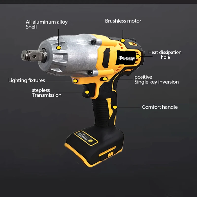 Imagem -04 - Deusa Elétrica Chave de Impacto sem Fio Torque Máximo 1800nm Remoção Driver Elétrico Ferramenta Elétrica Reparo Roda Carro para Bateria Dewalt