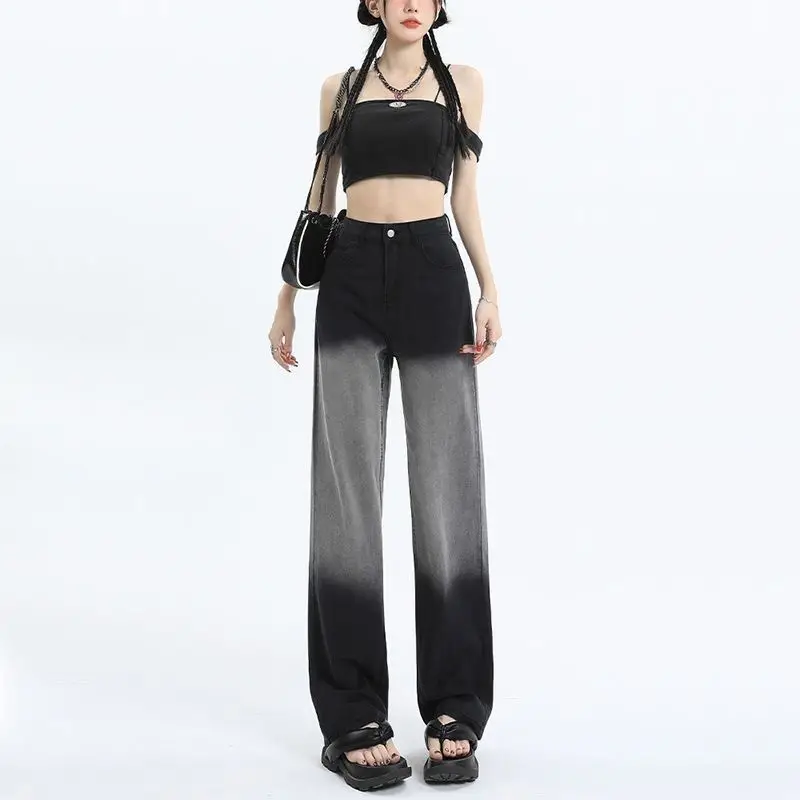 Korean Fashion Black Gray Trousers Jeans Y2k Vintage Autumn High Street Women Pants New High Waisted Loose Slim Casual Denim