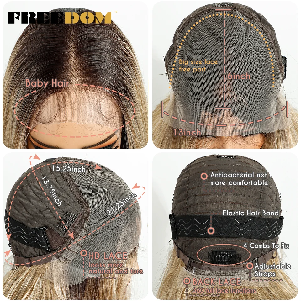 FREEDOM Synthetische Lace-Front-Perücken für Damen, 13x6, natürliche Wellenstruktur, 26 Zoll, Ombré-Braun-Blond mit Highlights, für den täglichen Gebrauch. – Detail 6
