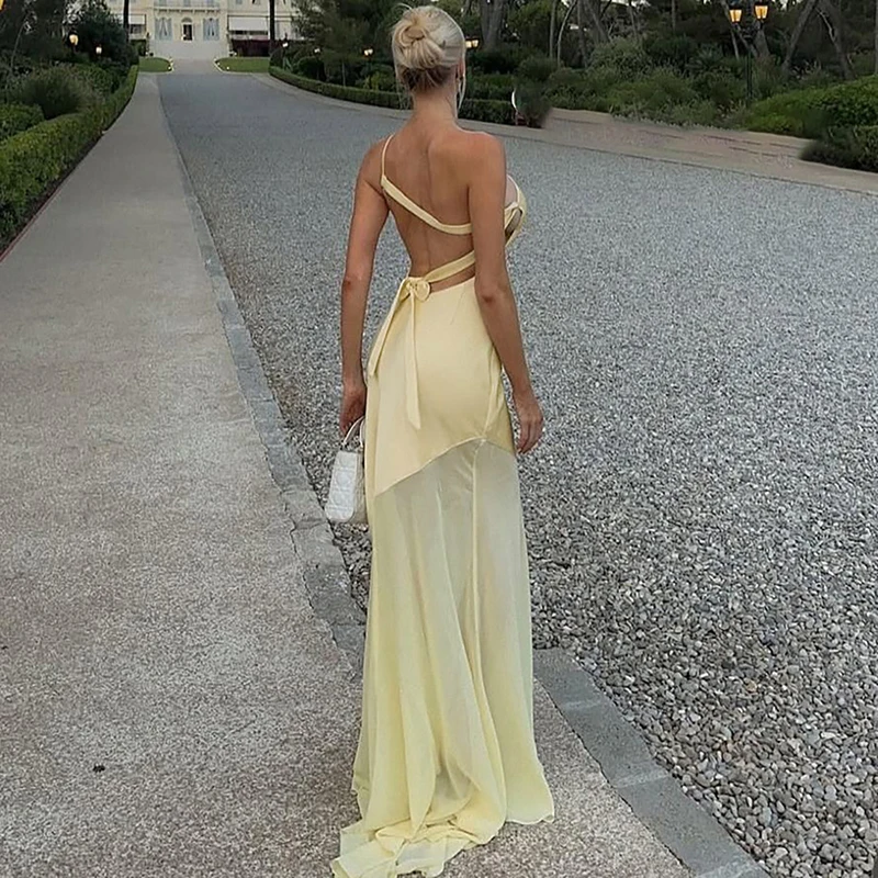 Ticketsx Sexy Mesh Patchwork Dress Women's One Shoulder Lace Up Backless Dress Female 2025 Summer Club Party Elegant Long Dress