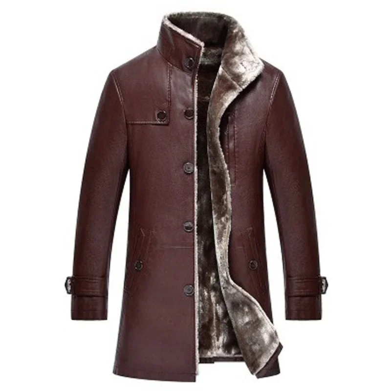 

Long Standing Collar Mens Leather Coat Thickening Fur Coat Winter Male Fashion Warmth Overcoat Larger Size Jaqueta De Couro