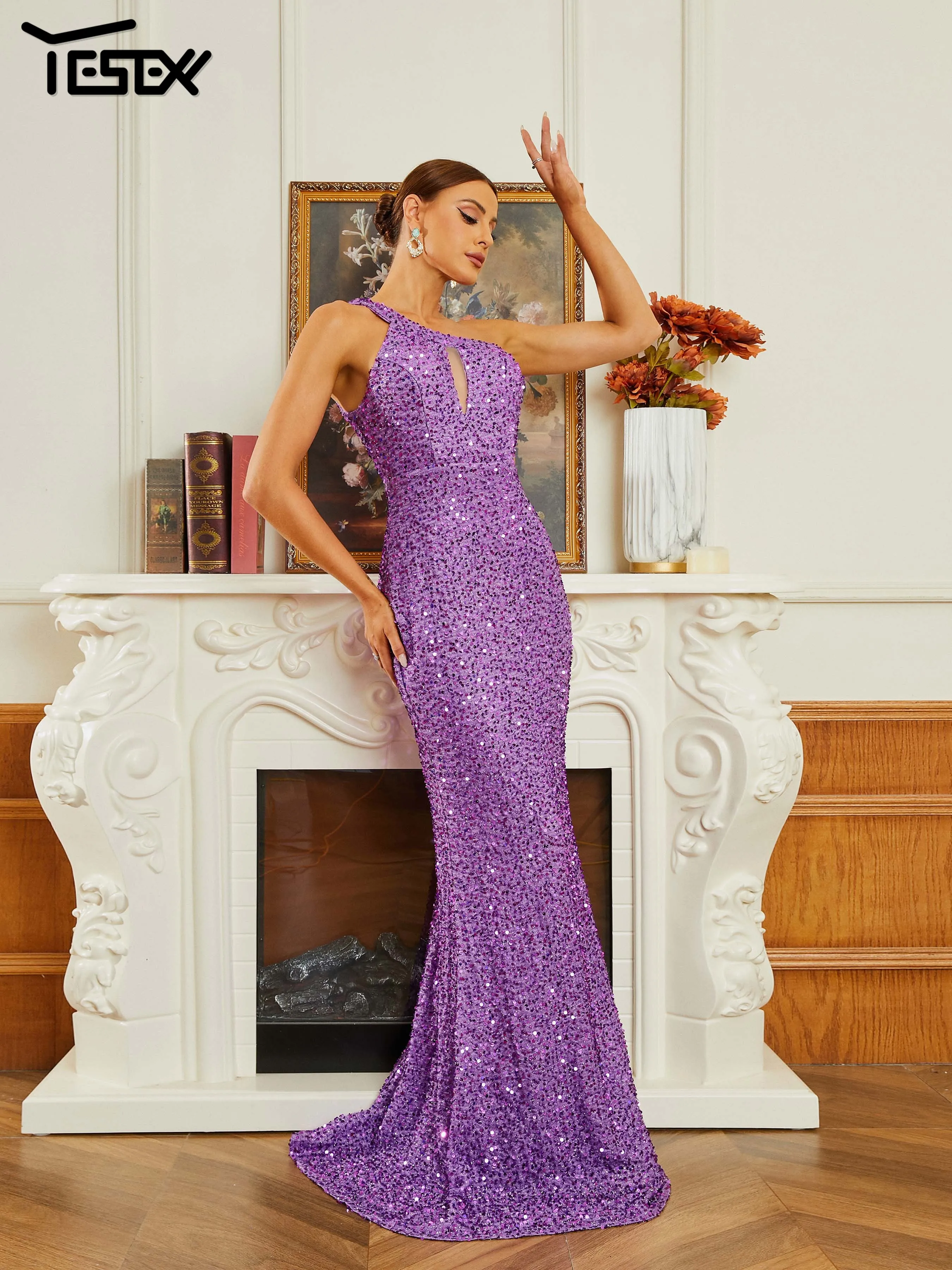 Yesexy New Purple Asymmetric Wedding Birthday Party Prom Dress Sequin Mermaid Evening Floor Length Dress