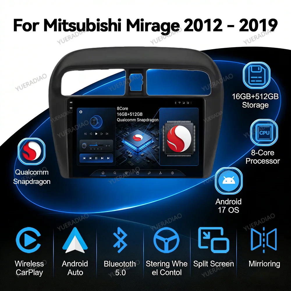 Android 17 Car Radio For Mitsubishi Mirage Attrage 2012 - 2019 Qualcomm GPS NAVI Multimedia Stereo Video Player QLED 4G WIFI