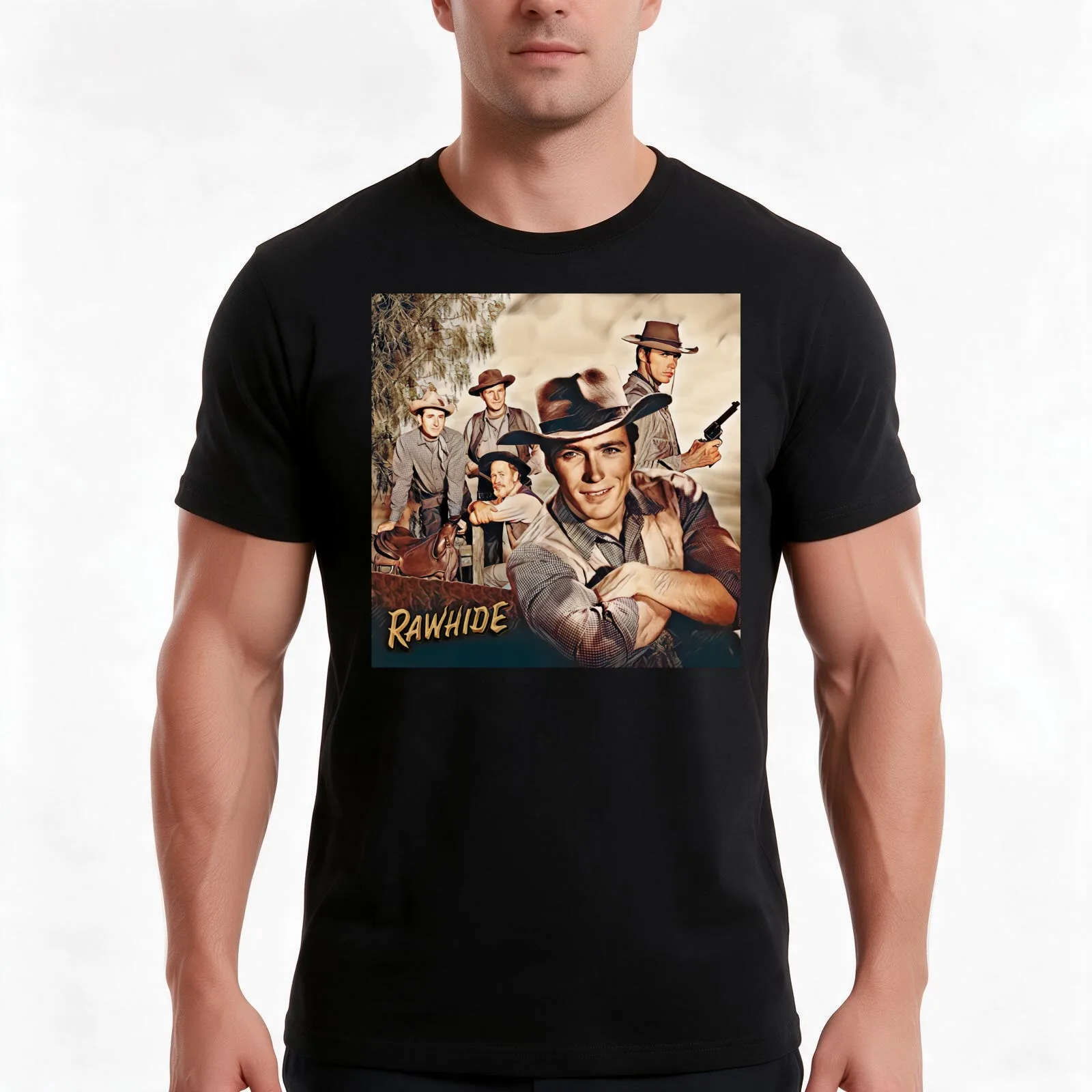 Rawhide Clint T-Shirt, Summer Casual Cotton Tee, Oversized Streetwear Tops, Vintage Graphic Print, Loose Fit Short Sleeve