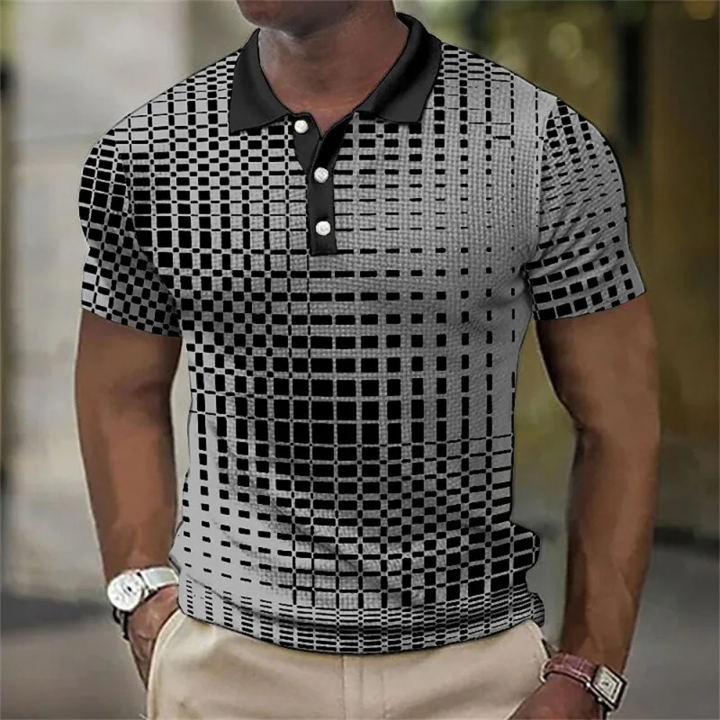 

Europe and the United States Men's 3D Digital Summer Fashion Plaid Pattern Polo Shirt Men's Casual Short-sleeved Top