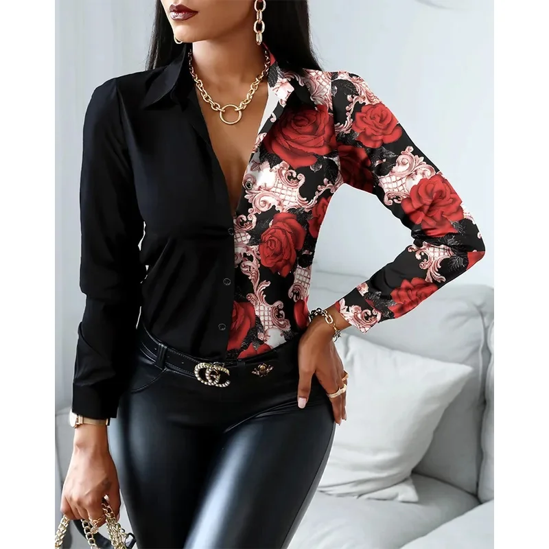 Mulheres casual escritório impresso camisa primavera e outono moda botão até camisa de manga comprida elegante emenda fino ajuste topo feminino