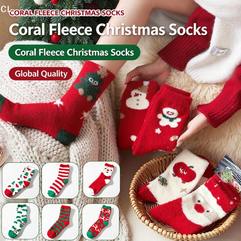1Pair Coral Fleece Christmas Socks Soft Warm With Cartoon Prints Perfect For Winter Home Use Holiday Gifting For Whole Family
