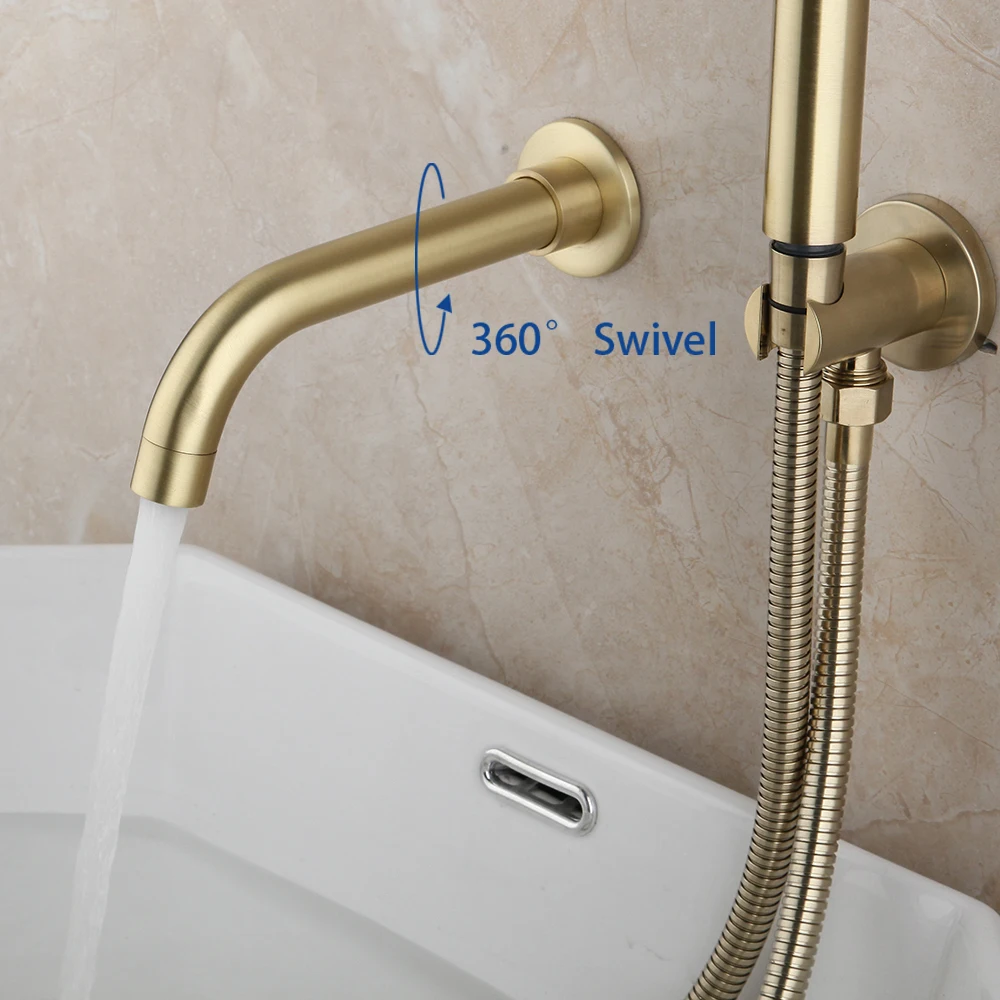 KEMAIDI Wall Mount Bathtub Faucet Bath Tub Faucet Set Swivel Tub Filler with Handheld Sprayer Solid Brass Rough-in Valve Mixer