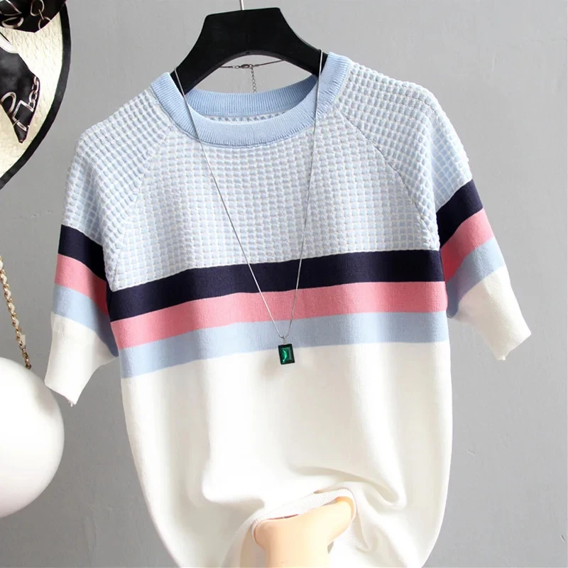 

2023 NEW vintage casual summer Striped Sweater pullovers Women o-neck shor Sleeve big size sweater high quality female top