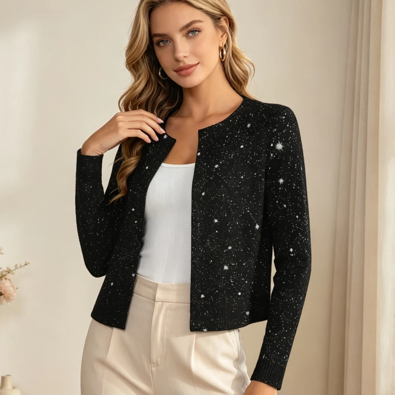 Women's Jacket Autumn Glitter Open Front Round Neck Long Sleeve Women's Crop Coat Fashion Print Casual Lady Outerwear Tops News