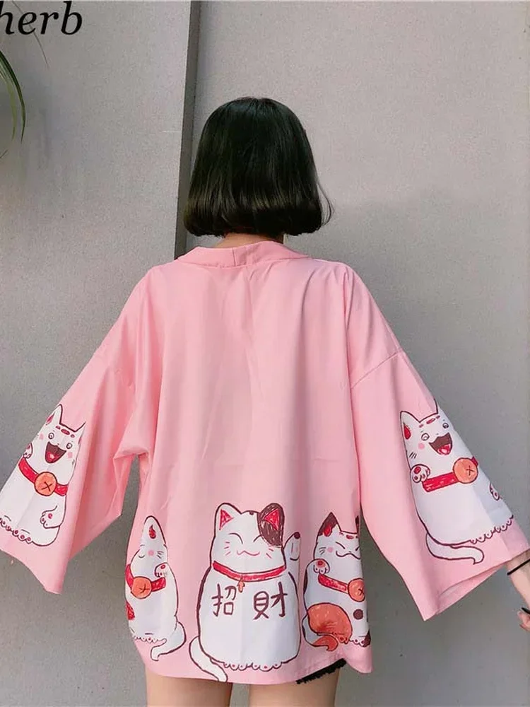 Woherb 2024 Summer Kawaii Kimono Blouse Print Cartoon Cat Blusas Oversized Long Bandage Shirt Ladies Loose Blouses 20871