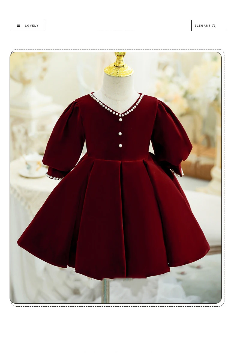 

Red Sweetheart Flower Girl Dress Birthday Paste Pearls Long Sleeve Ball Gown Knee Length Kids Princess Dress Frist Anniversary