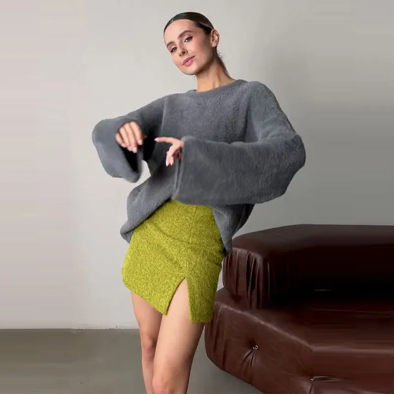 Seitlich geschlitzter Wollrock für Damen, sexy, hohe Taille, Hüftbetonter A-Linien-Minirock, schicke Damenmode für den Herbst, vielseitig kombinierbar für Partys. – Detail 6