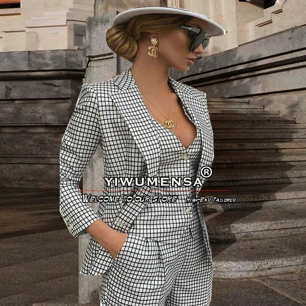 

White/Black Women Suits Plus Size Plaid Check 3 Piece Office Lady Blazer+Vest+Pant Formal Party Tailleur Femme Bride Mother Dres