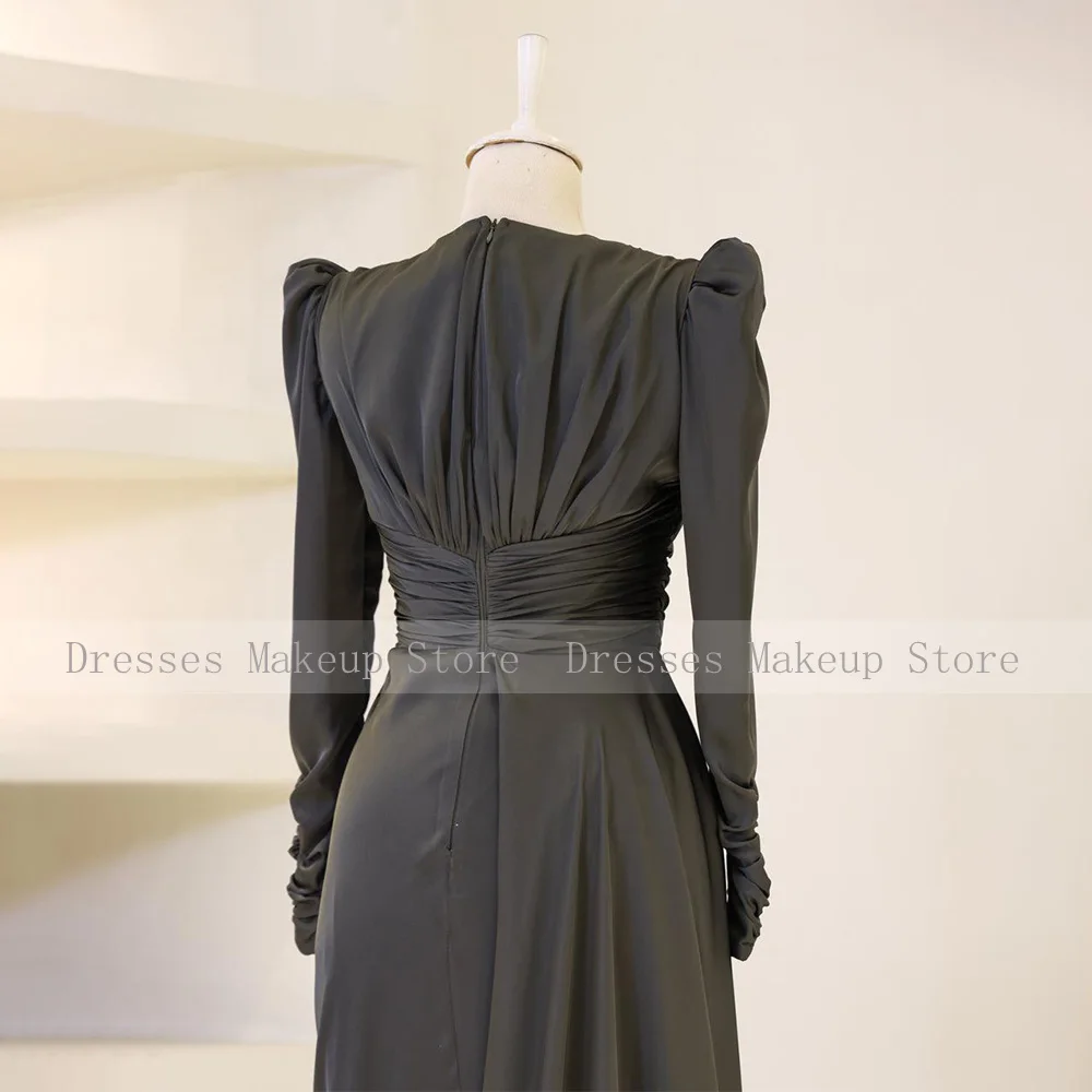 Modest Wedding Guest Dresses for Women O Neck Mermaid Formal Party Dress Black Pleats Draped Chiffon Satin Evening Dress Long