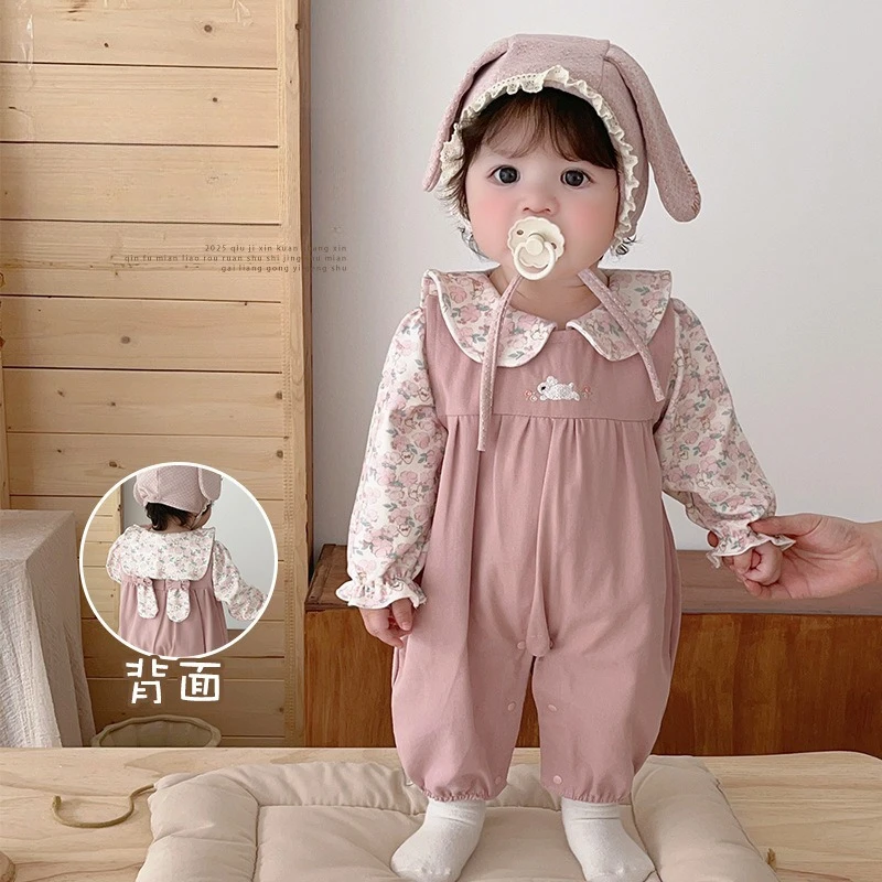 ZOETOPKID Baby Girls Fashion Set Spring Autumn Floral Print Peter Pan Collar Blouse+Pink Embroidery Vest Rompers Infant Clothes