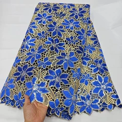 Latest Royal Blue African Water Soluble Lace Fabric With Sequins 2024 French Nigeria Guipure Cord Lace Fabric For Dress KHD24149