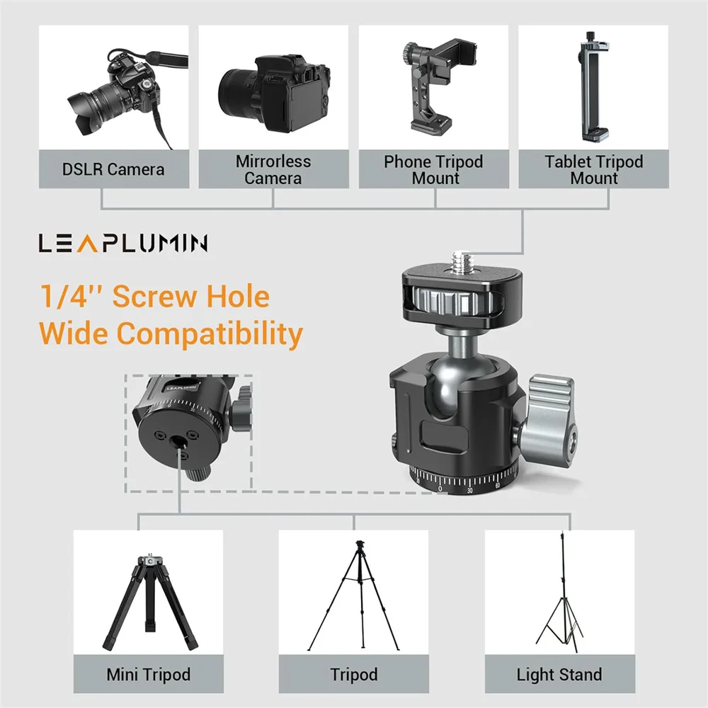 Aluminum Mini Ball Head Panoramic Tripod Head + Cold Shoe Mount Adapter for DSLR Camera Tripod Phone Mount Max Load 2.5kg/5.5lb