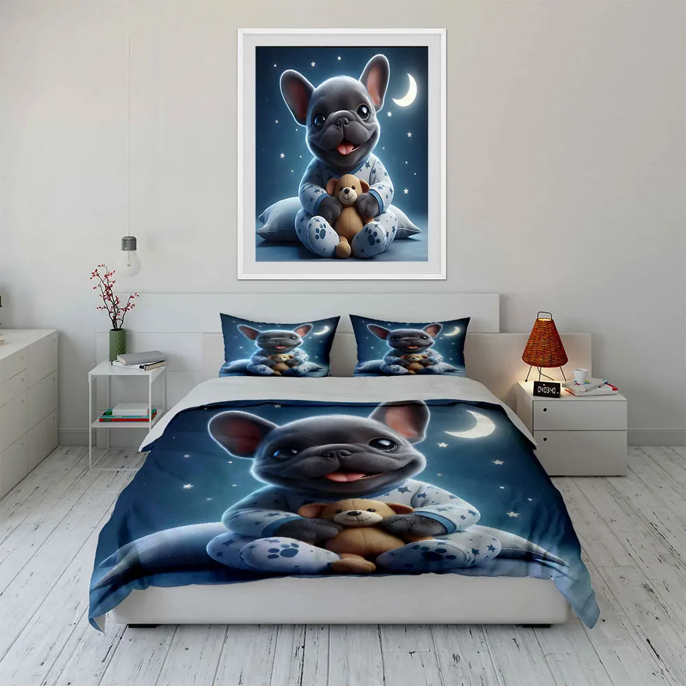 Happy puppy hugging teddy bear Pattern Duvet Cover Set Digital Print Colorful Polyester Bedding with Zipper Closur for kids gift
