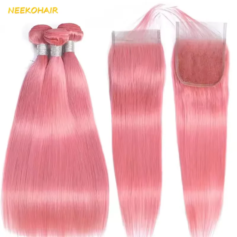 Hellrosa farbige Bundles, gerade Remy, 100 % brasilianisches Echthaar, rosa Bundles mit 13 x 4 Spitzenfront