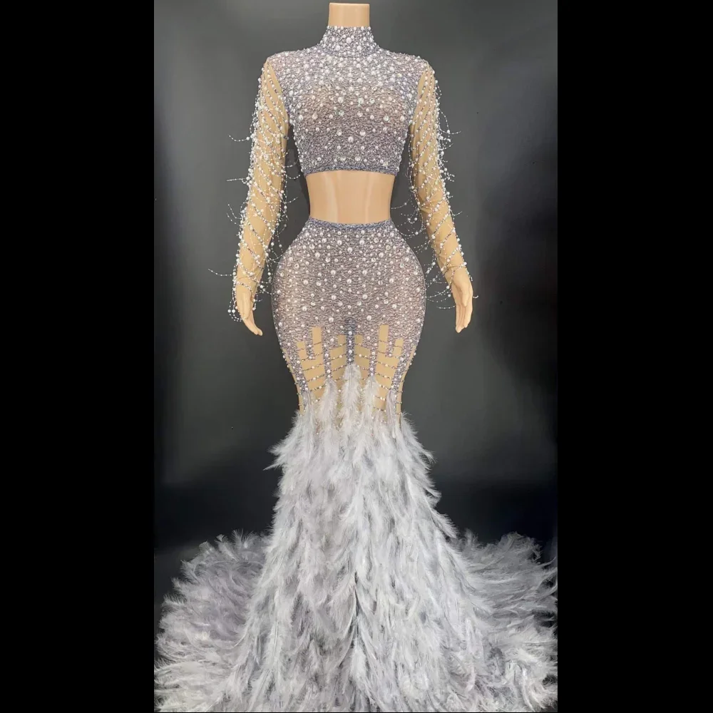 Colorido brilhante strass pérolas topo e penas longas vestido feminino noite casamento elegante festa roupas palco trajes de baile