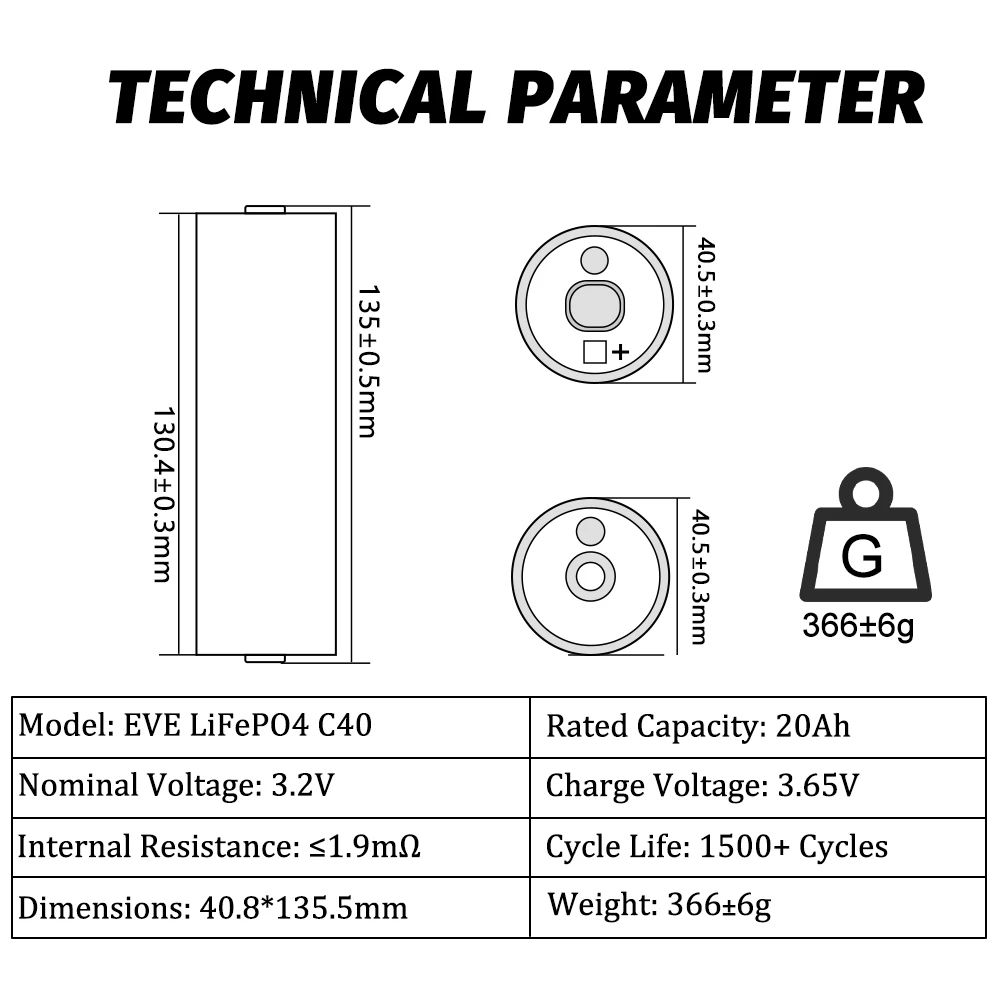 EVE C40 3.2V 20ah LiFePO4 Cell Battery Rechargeable 20000mAh Lithium Iron Phosphate for DIY 4S 12V 8S 24V 16S 48V Battery Pack