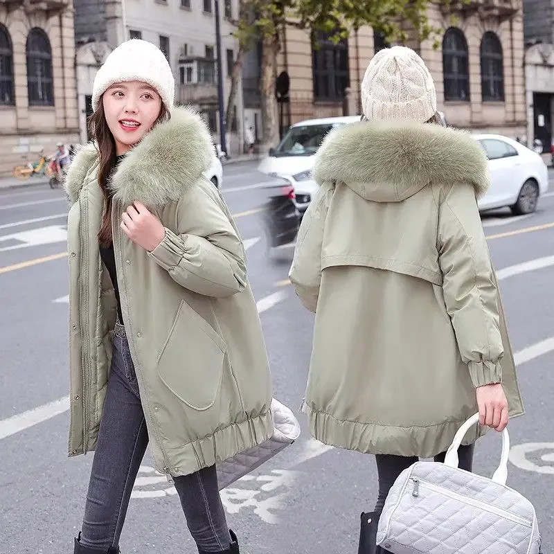 Pink Parkas Winter Jacket Women Big Fur Collar Hooded Down Cotton Coat Mid Length Thickened Loose Warm Large Size Overcoat Z3269