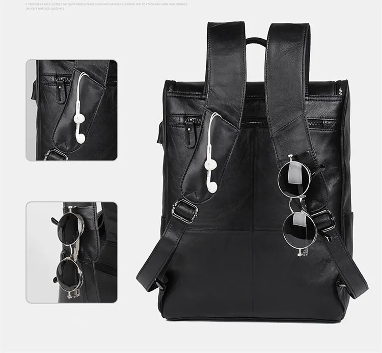 Novo couro genuíno dos homens mochila saco de computador escola estudante sacos ao ar livre mochilas viagem casual carregamento usb macio preto