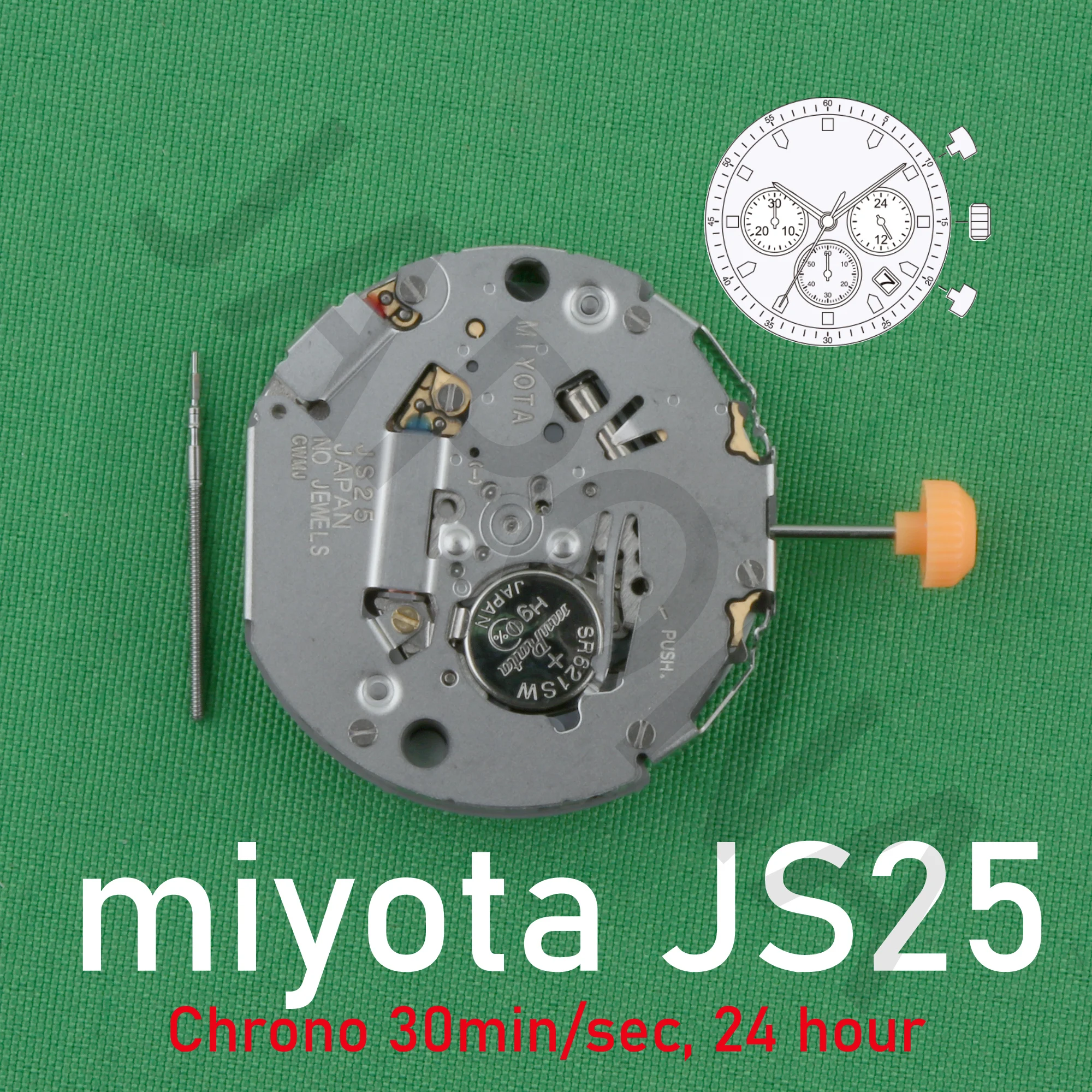 Movimiento Js25 miyota JS25, cronógrafo japonés, 30min/seg, fecha de 24 horas