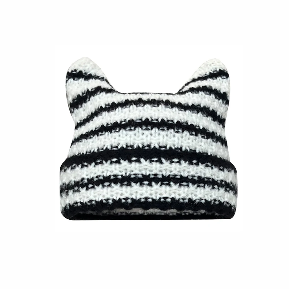 Japanese Beanie Hat Women Cute Cat Ears Knitted Wool Cap Girl Winter Pointed Pullover Halloween Hats Little Devil Striped Beanie