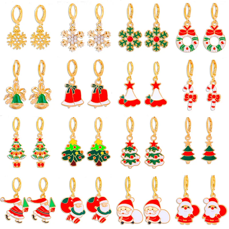 Colorful Women's Girls Enamel Deer Earrings Cute Christmas Tree Santa Snowflake Dangle Earrings New Year Jewelry Gift Wholesale