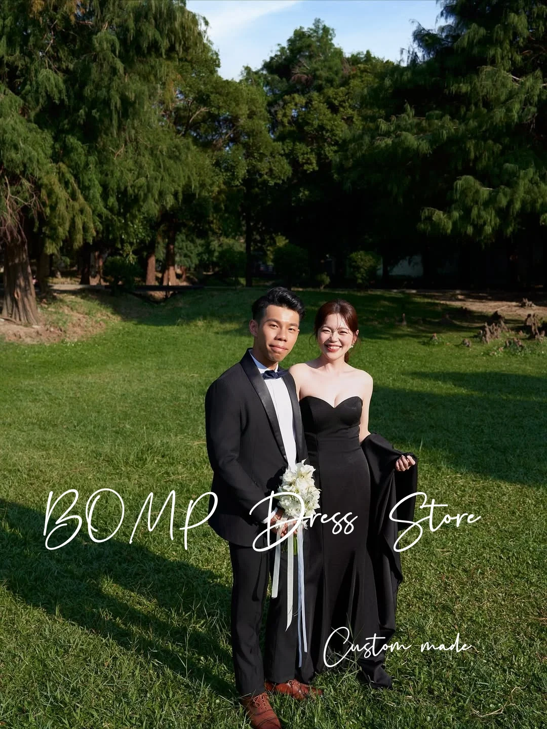 BOMP فساتين حفلات الزفاف الساتان المطاطي الأسود الأنيق فساتين السهرة على شكل قلب كوريا تبادل لاطلاق النار فستان الزفاف حسب الطلب